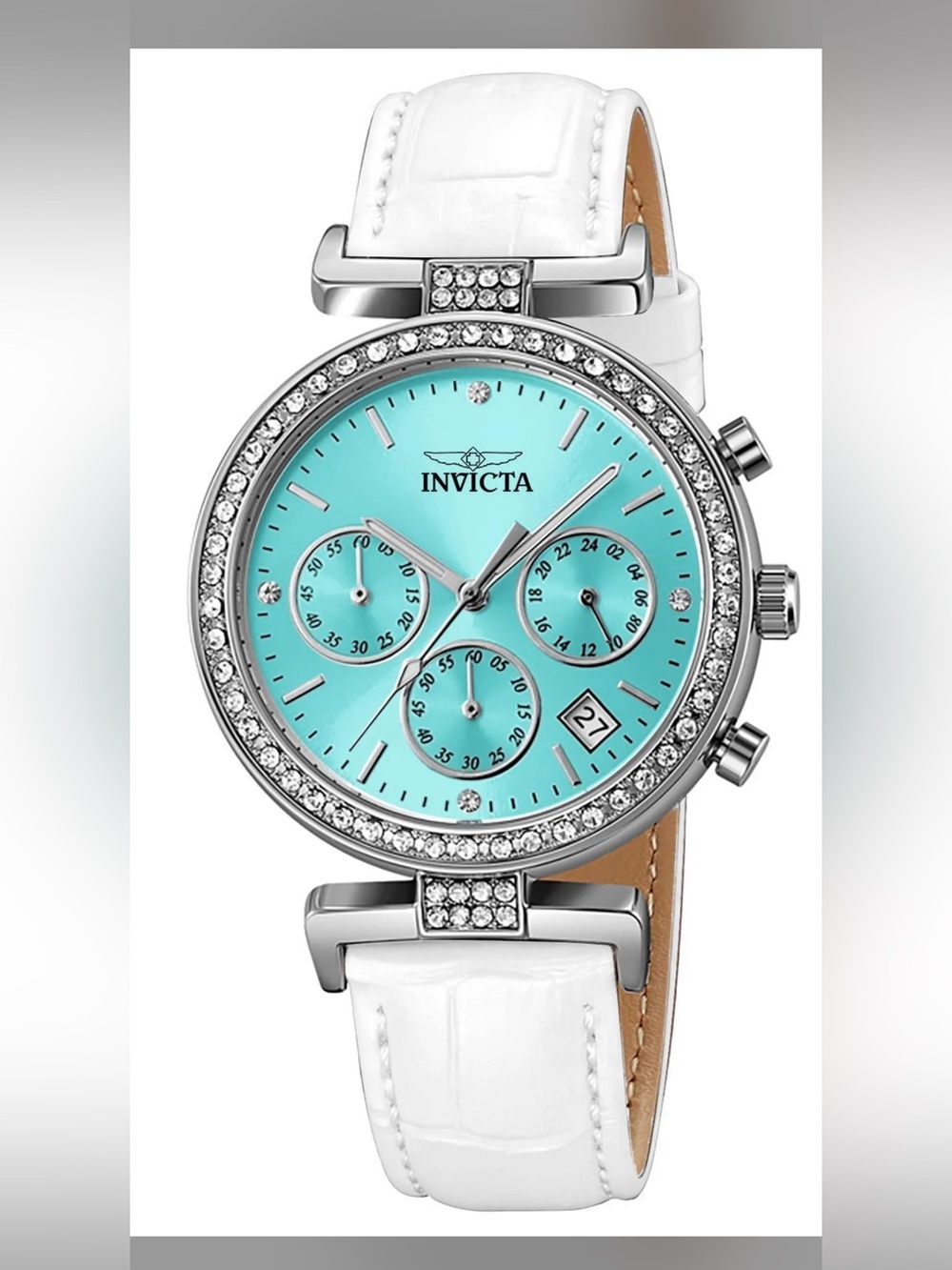 Invicta Celestial Lady Silver Watch with Turquoise Dial and White Band